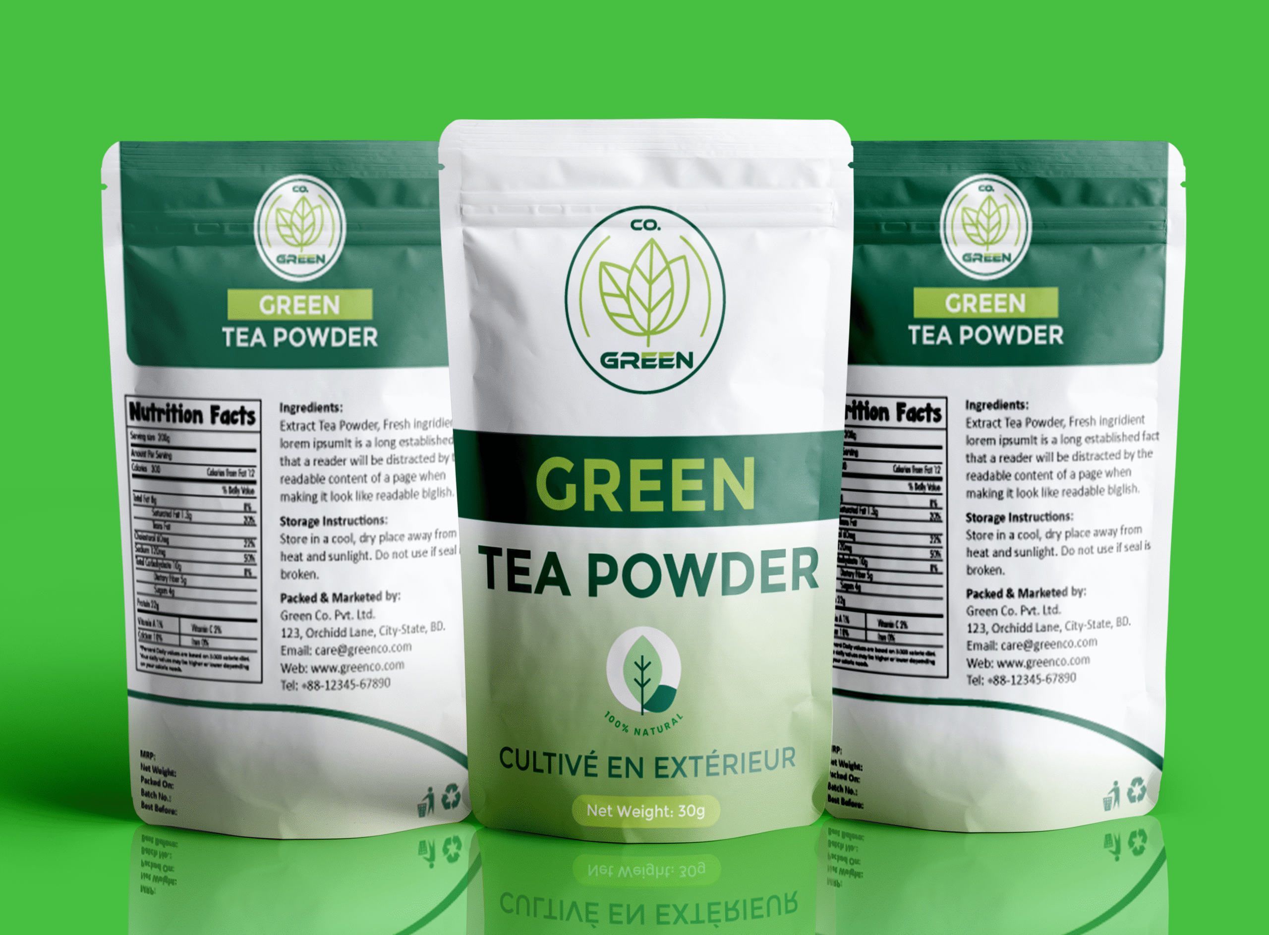 Realistic green tea stand-up pouch design on a green background.