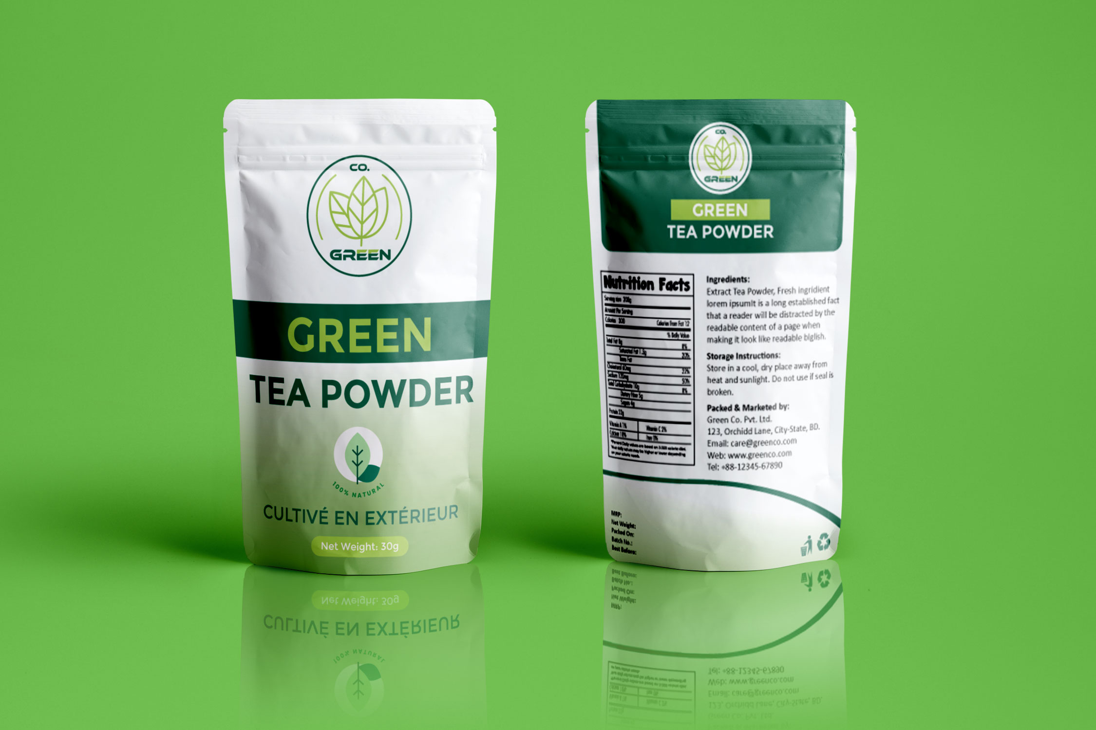 Flat layout of green tea powder packaging showing nutritional facts and front branding.
